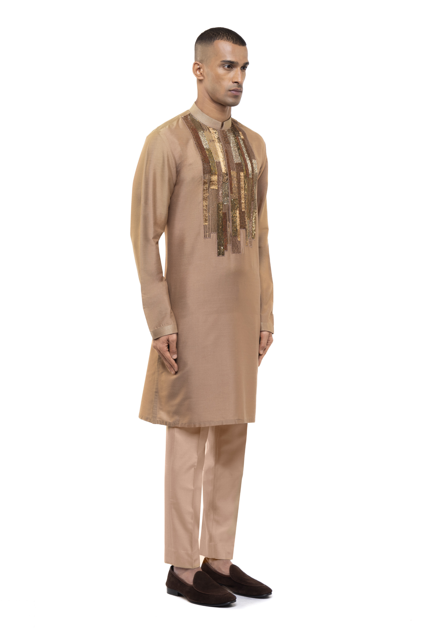 Brown Silk Asymmetrical Geometric Lines Kurta Set