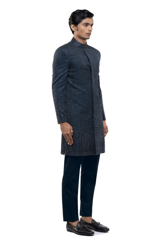 Navy Blue Silk Metallic Stitchline Embroidered Sherwani Set