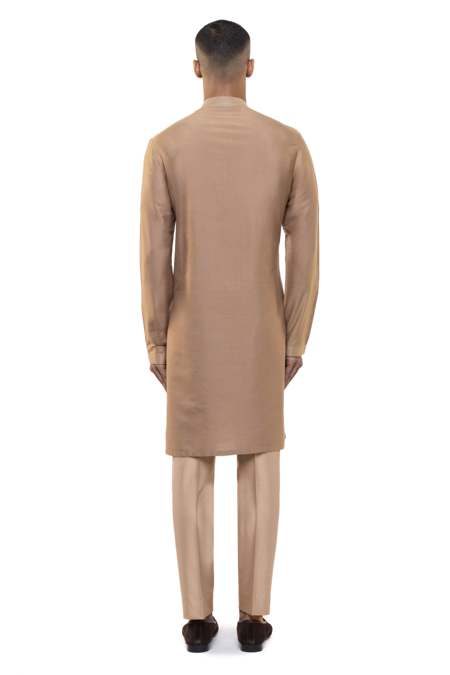 Brown Silk Asymmetrical Geometric Lines Kurta Set