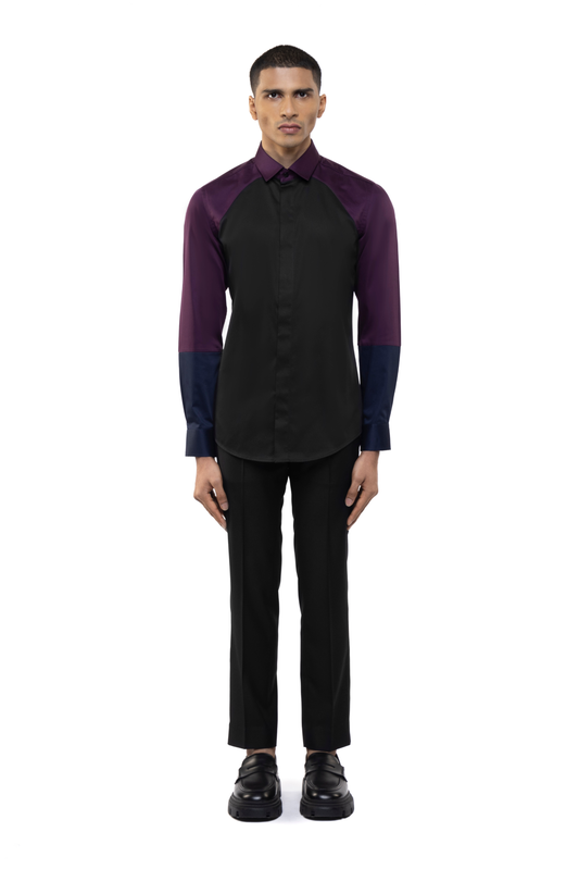 Black Cotton Shirt with Wine & Navy Blue Sleeves