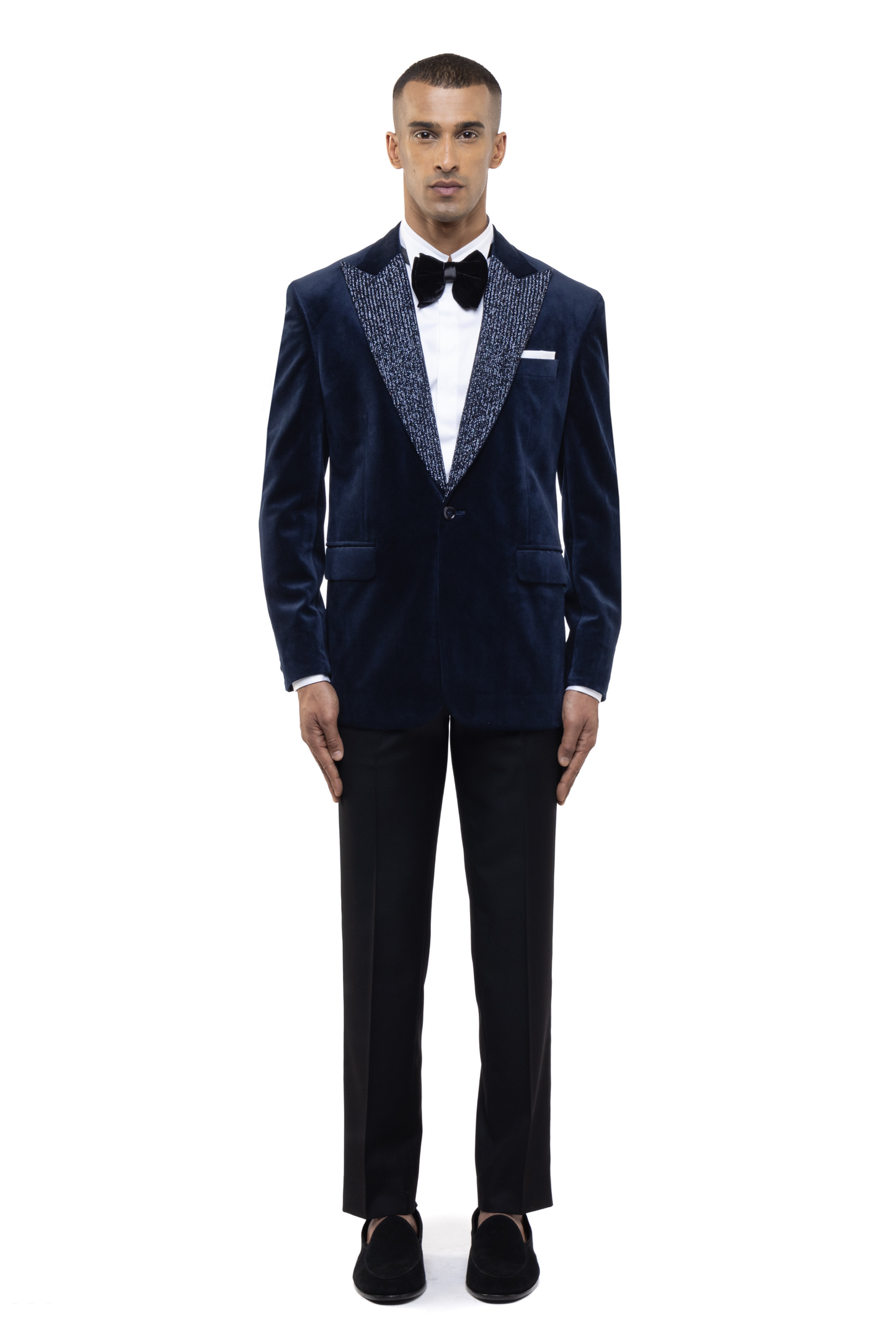 Navy Blue Cutdana Peak Lapel Velvet Tuxedo