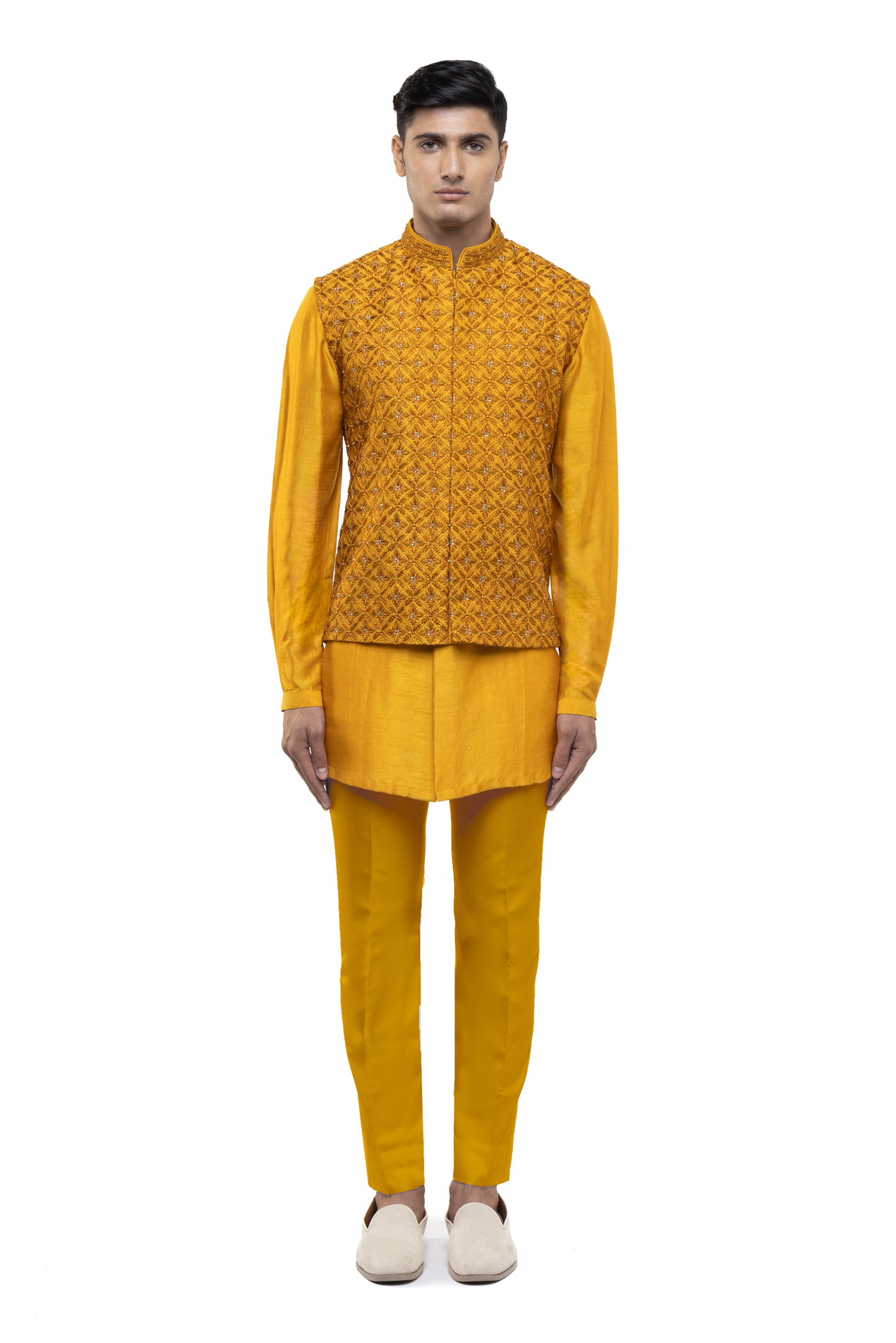 Yellow Silk Mughal Motifs Kurta Bandi Set