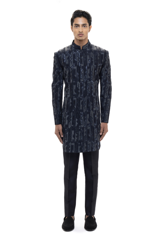 Navy Blue Silk Aztec Embroidered Sherwani Set