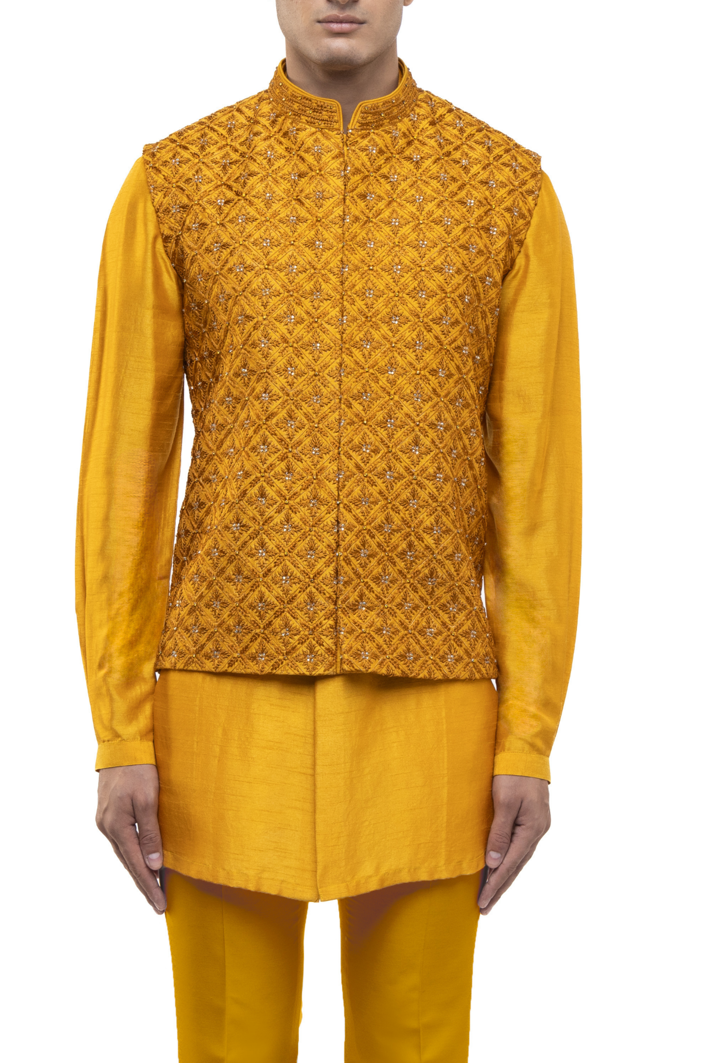 Yellow Silk Mughal Motifs Kurta Bandi Set