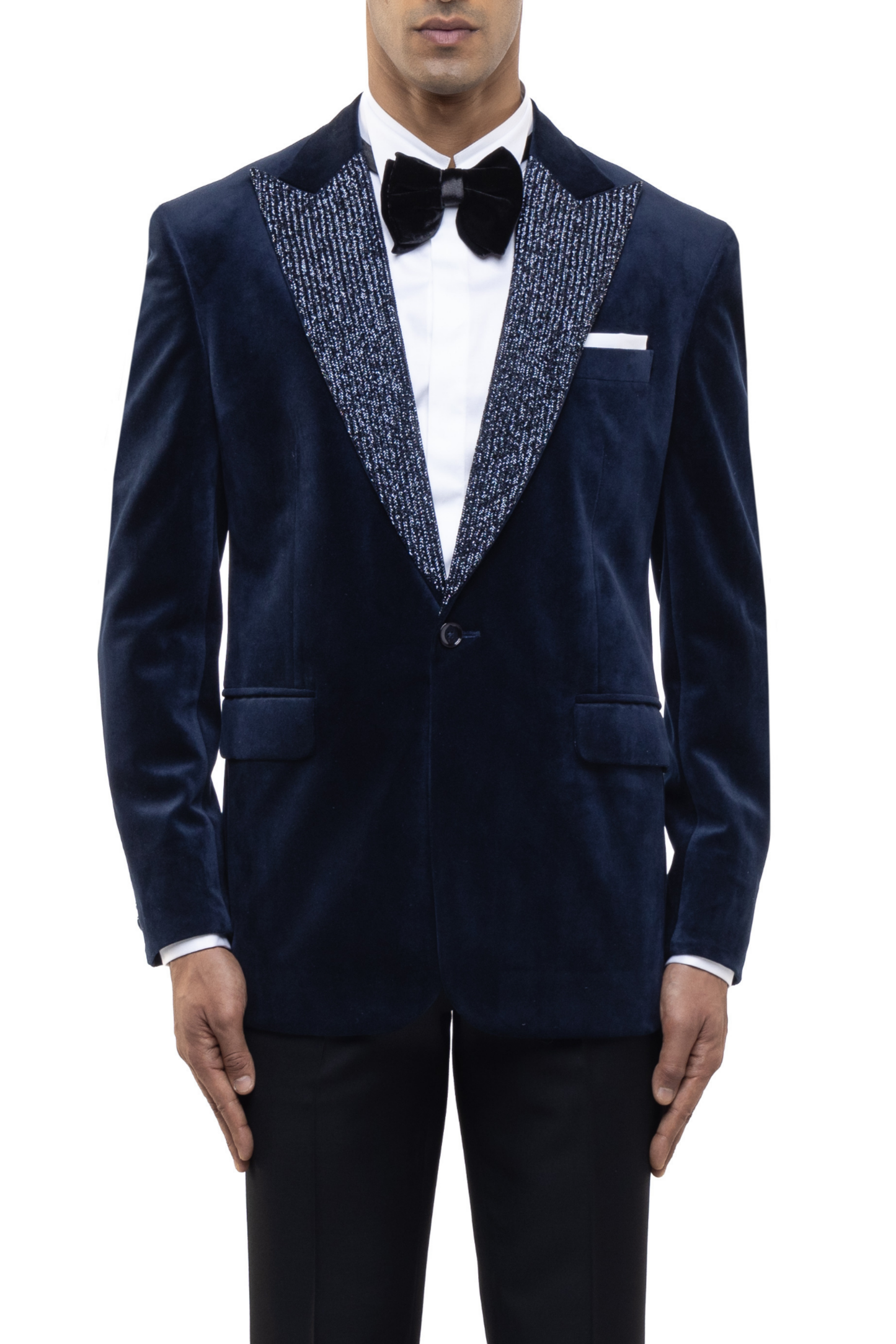 Navy Blue Cutdana Peak Lapel Velvet Tuxedo