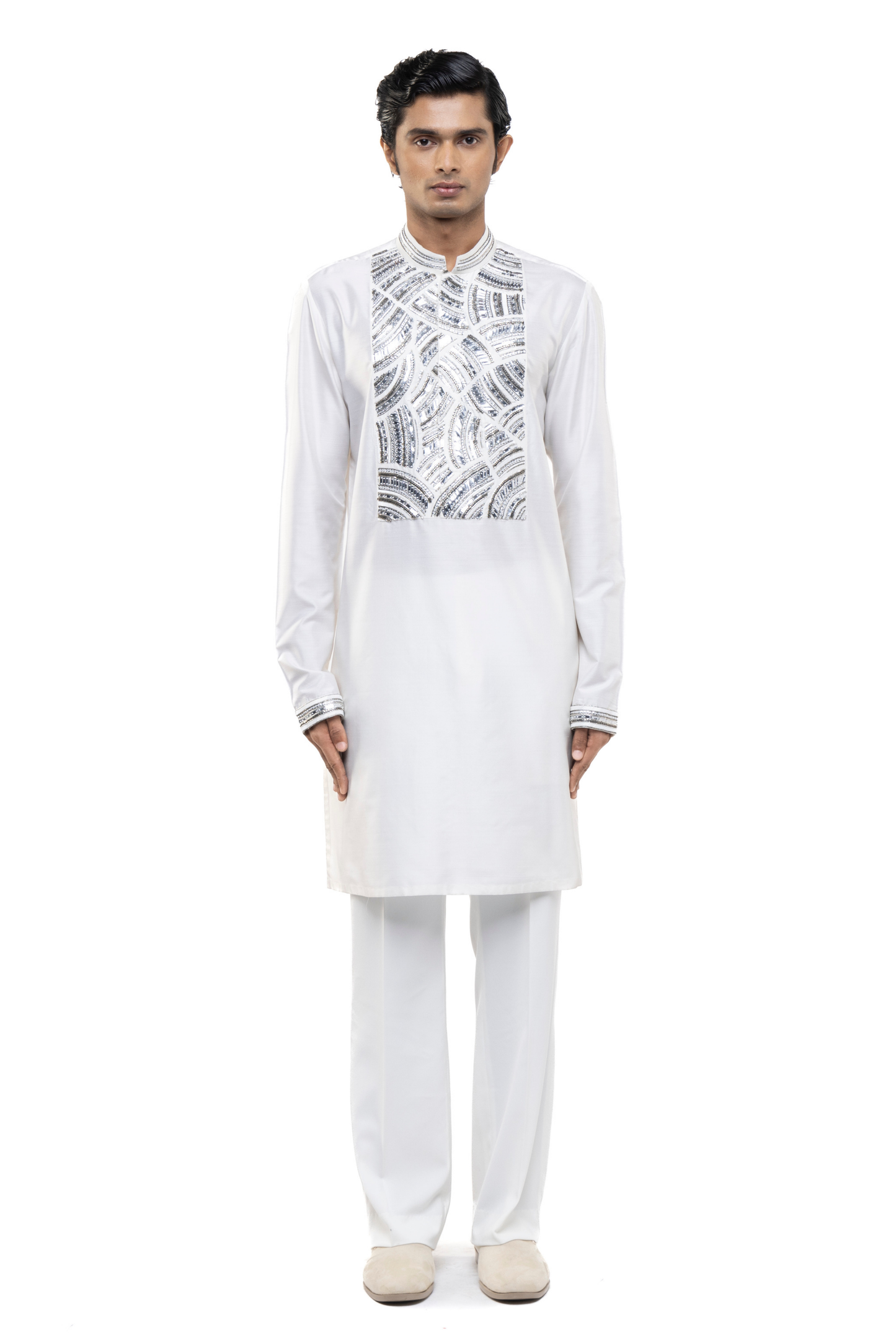 White & Silver Silk Metallic Embroidery Kurta Set