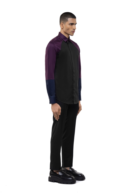 Black Cotton Shirt with Wine & Navy Blue Sleeves