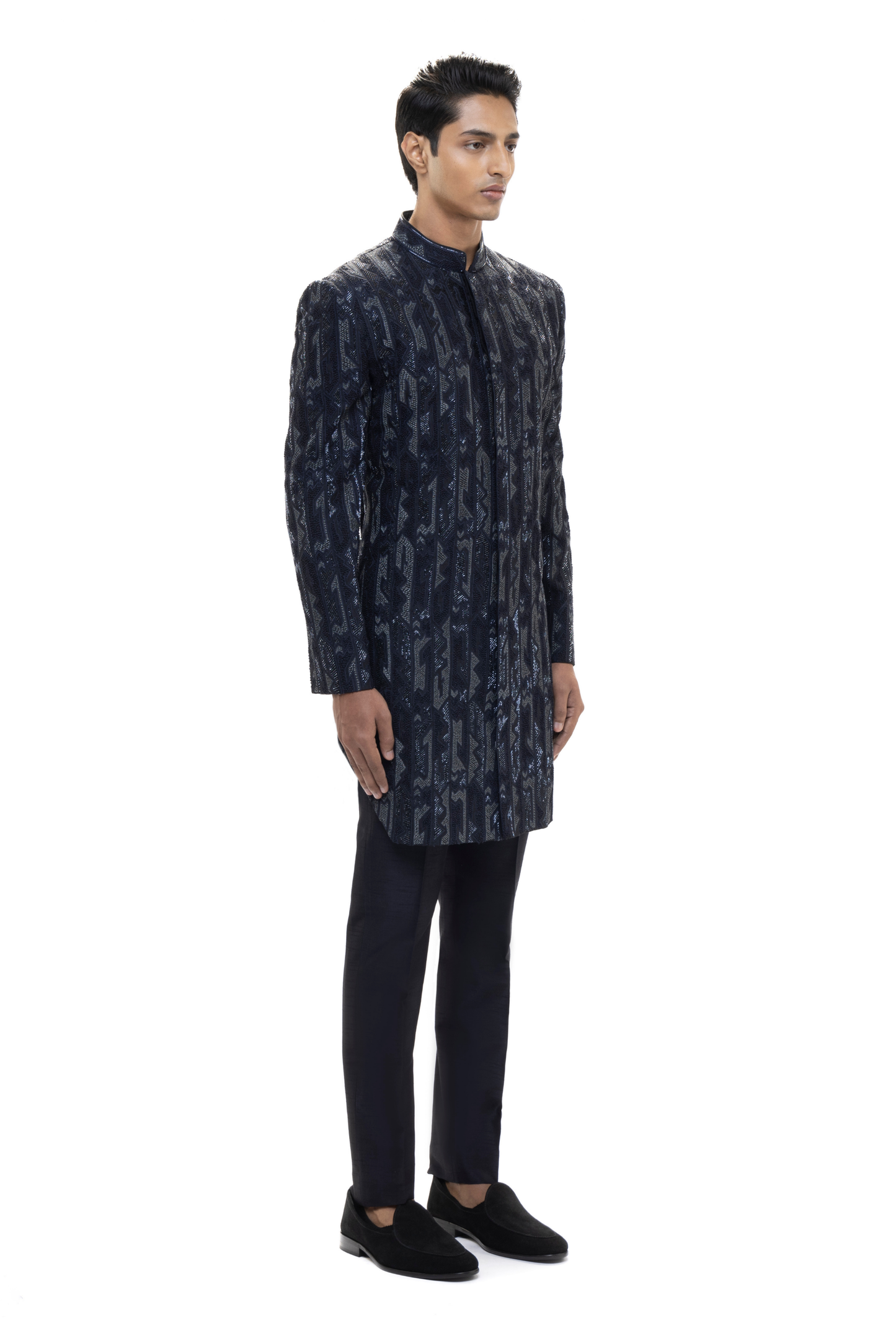 Navy Blue Silk Aztec Embroidered Sherwani Set