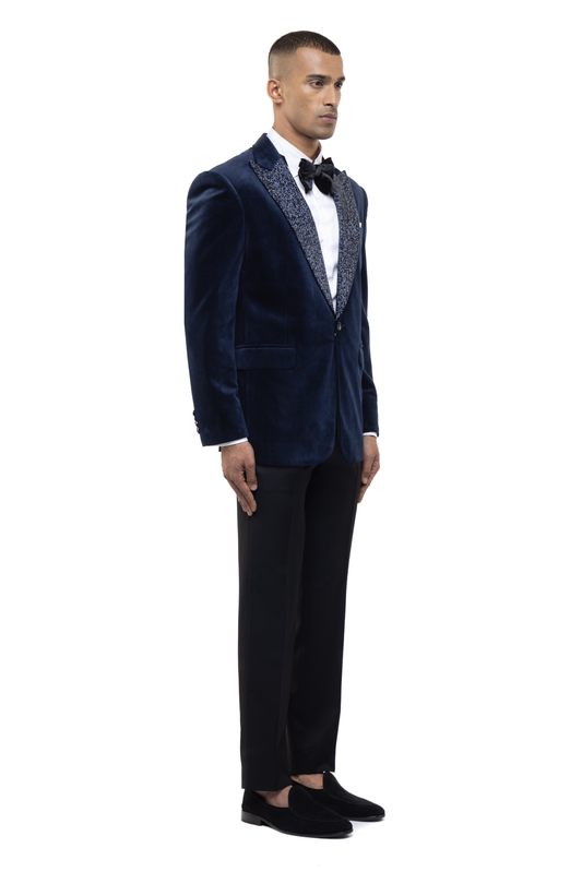 Navy Blue Cutdana Peak Lapel Velvet Tuxedo