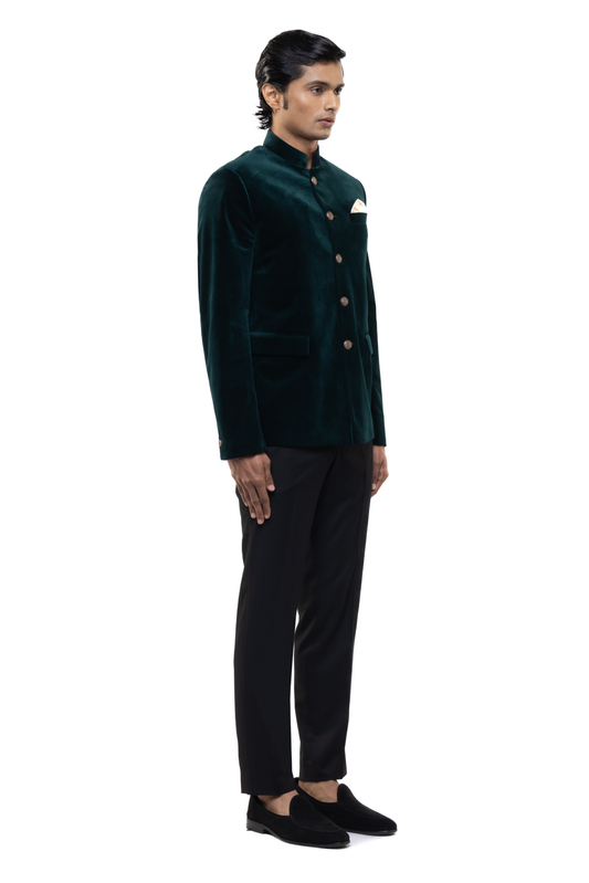 Green Velvet Metallic Buttons Bandhgala Set