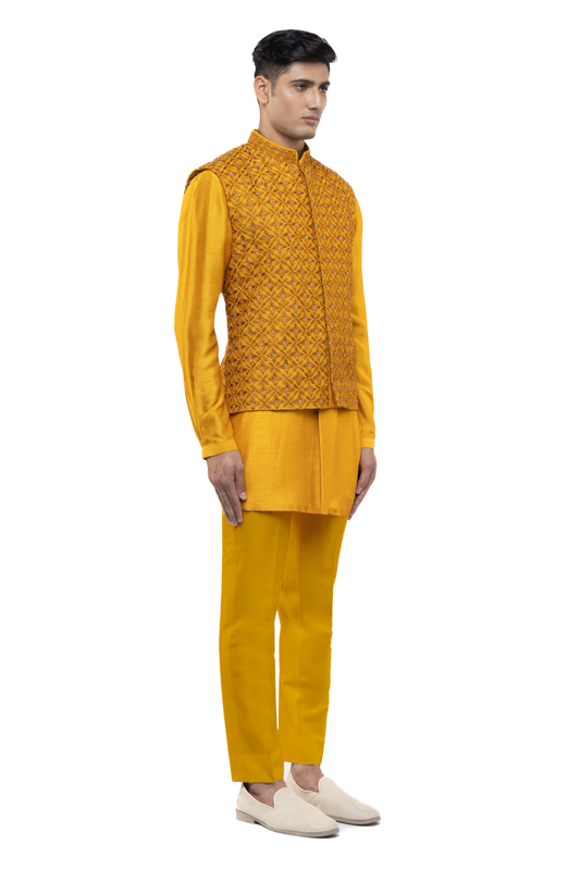 Yellow Silk Mughal Motifs Kurta Bandi Set