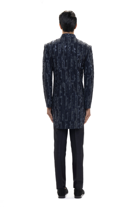 Navy Blue Silk Aztec Embroidered Sherwani Set