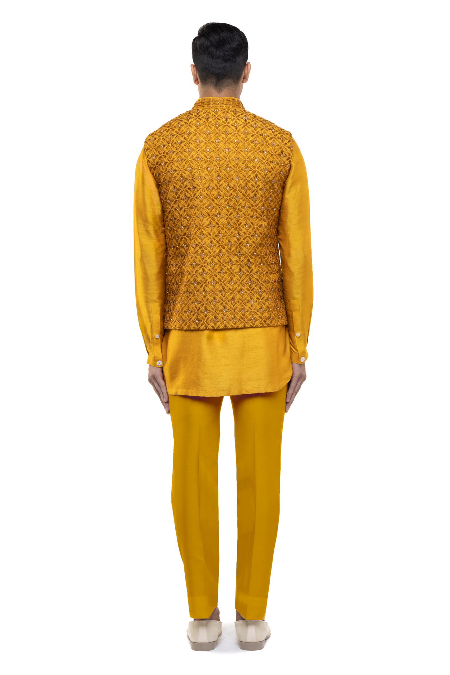 Yellow Silk Mughal Motifs Kurta Bandi Set