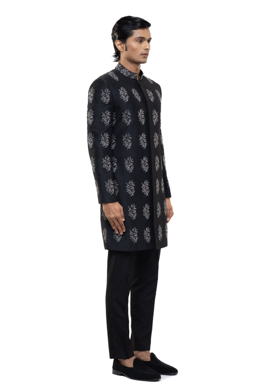 Black & Chrome Silk Embroidered Motifs Sherwani Set