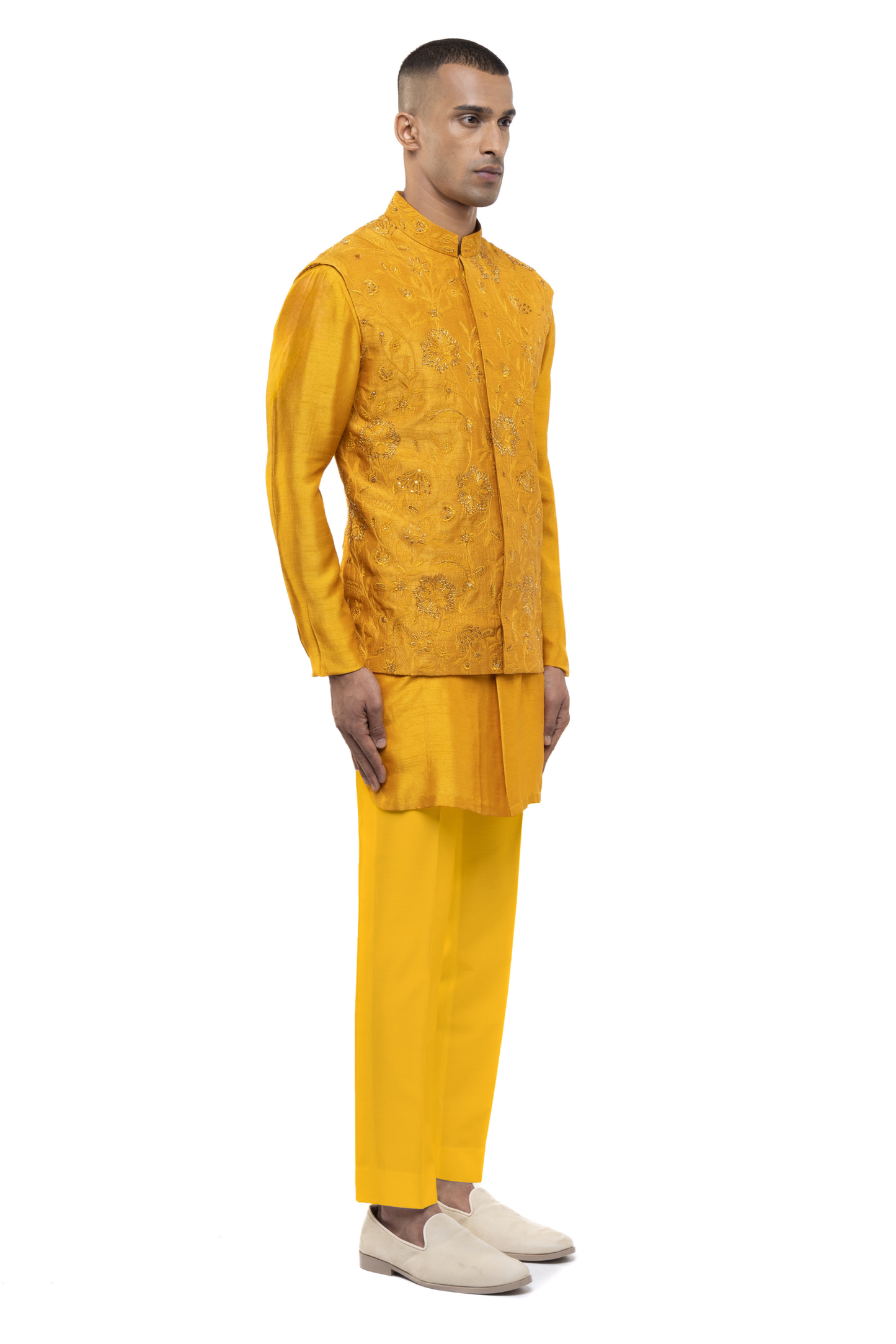 Yellow Georgette Floral Embroidery Kurta Bandi Set