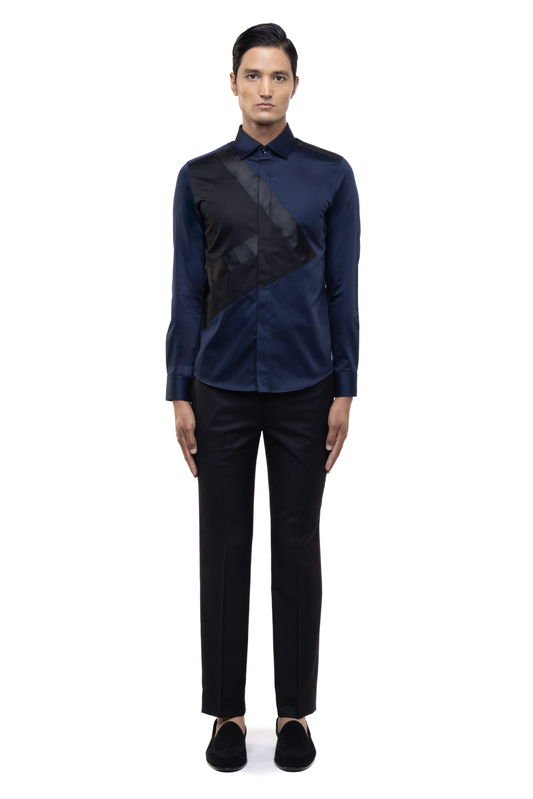 Navy Blue & Black Cotton Asymmetrical Colour Block Shirt