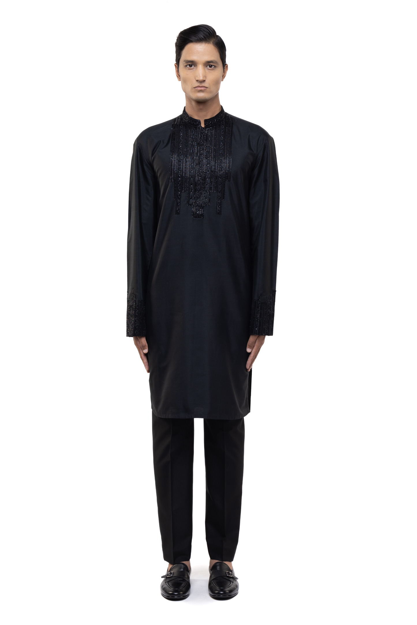 Black Silk Pleated Placket Kurta Set