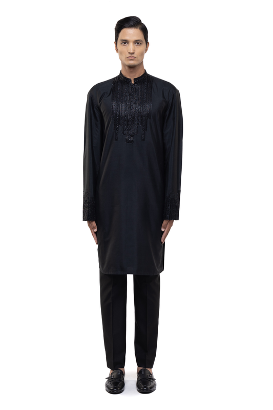 Black Pleated Placket Kurta Set