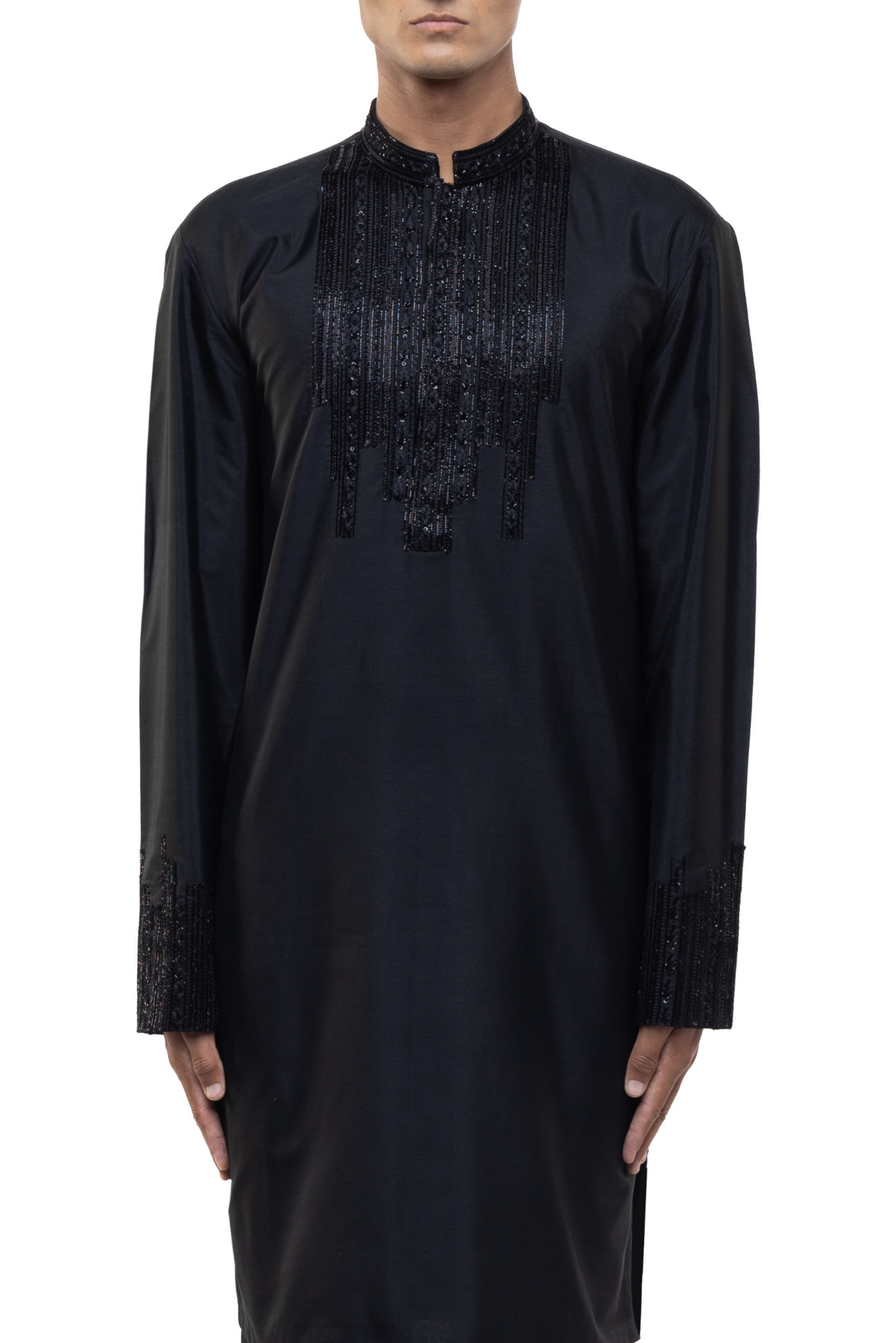 Black Silk Pleated Placket Kurta Set