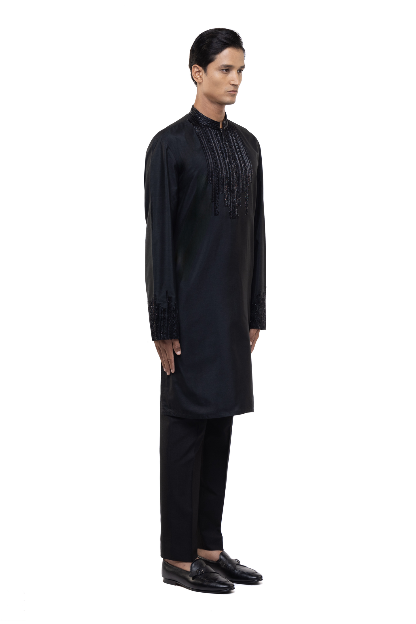 Black Silk Pleated Placket Kurta Set