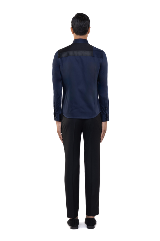 Navy Blue & Black Cotton Asymmetrical Colour Block Shirt