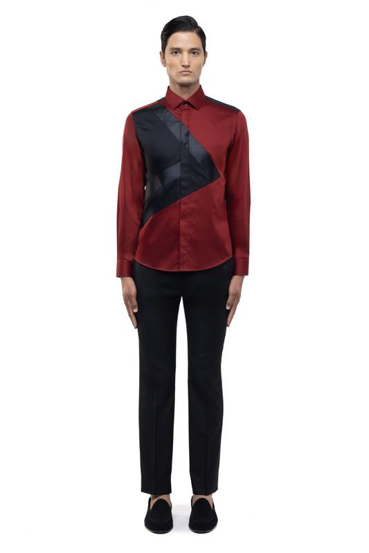 Maroon & Black Cotton Asymmetrical Colour Block Shirt