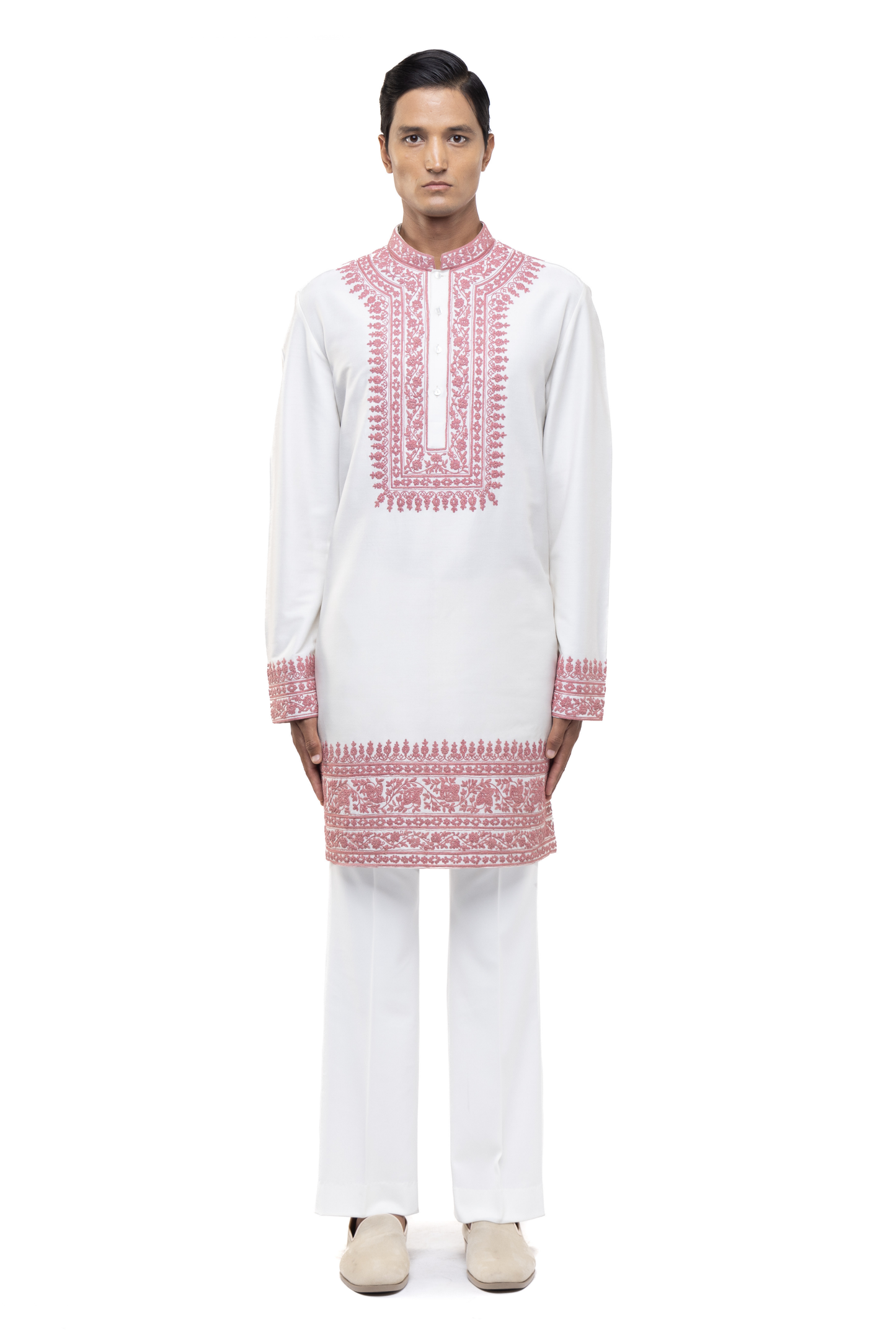 White & Pink Silk Dori Embroidery Kurta Set