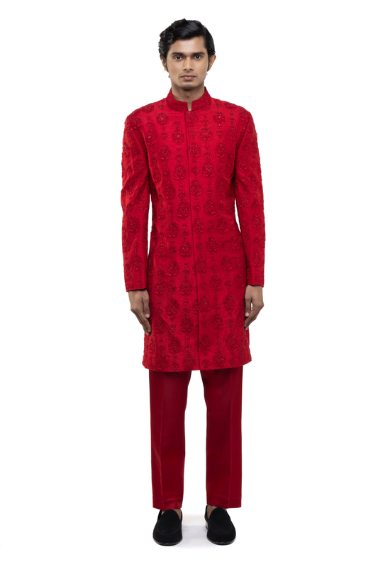 Red Silk Floral Embroidery Sherwani Set