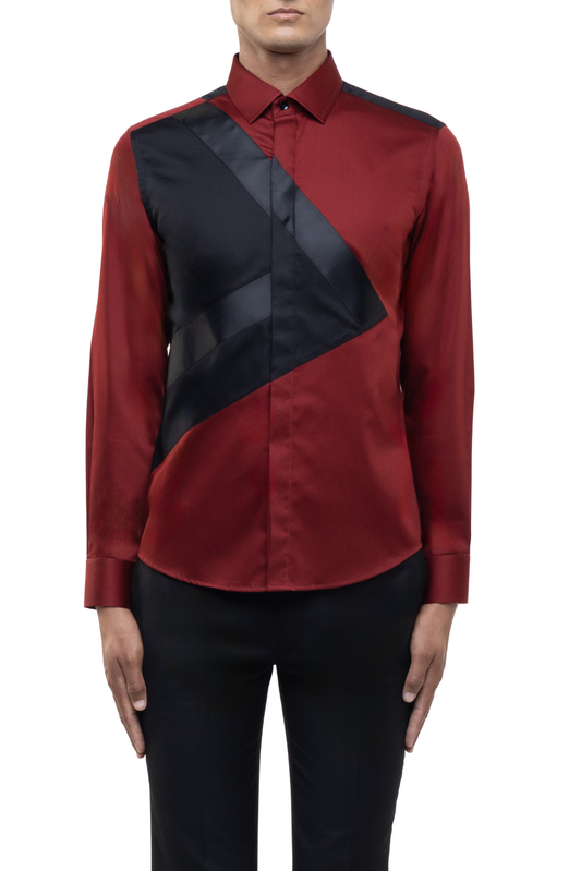 Maroon & Black Cotton Asymmetrical Colour Block Shirt