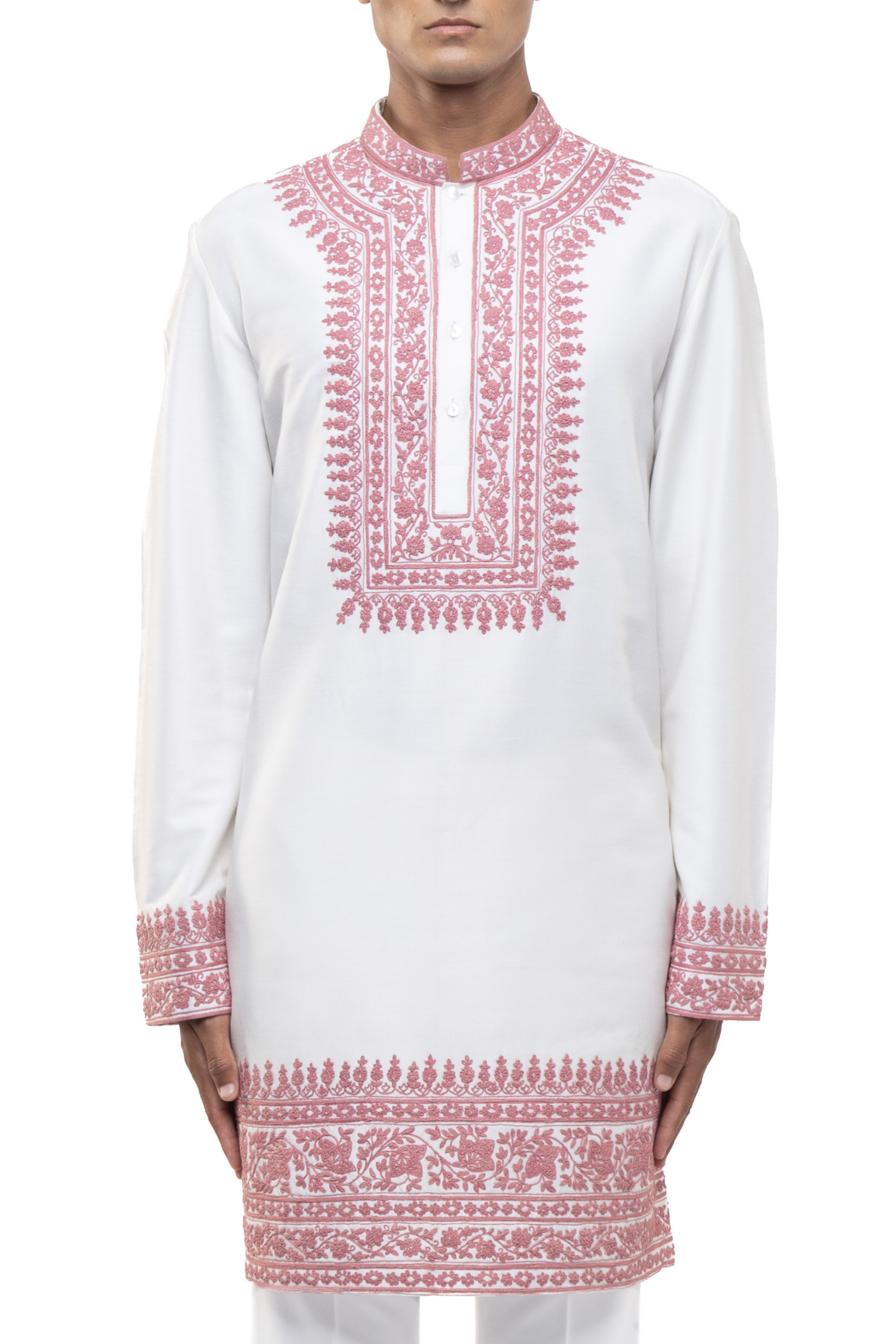 White & Pink Silk Dori Embroidery Kurta Set