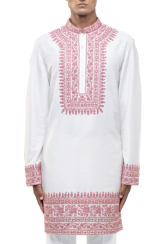 White & Pink Dori Embroidery Kurta Set