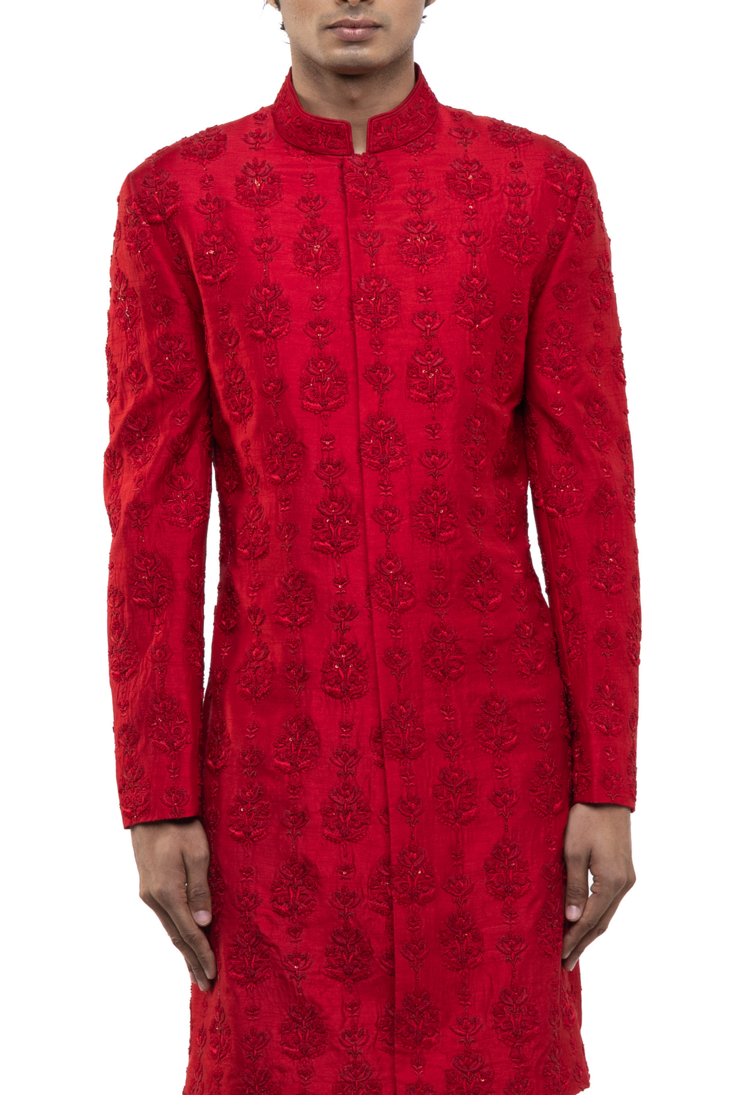 Red Silk Floral Embroidery Sherwani Set