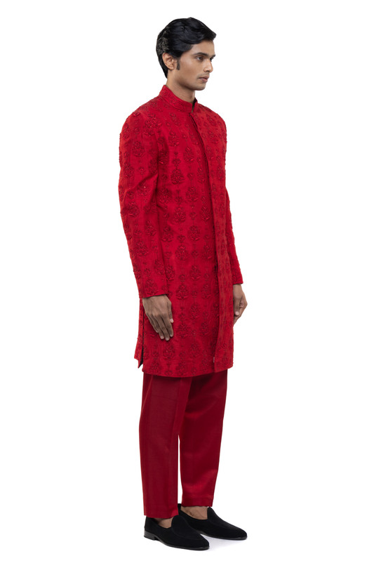 Red Silk Floral Embroidery Sherwani Set