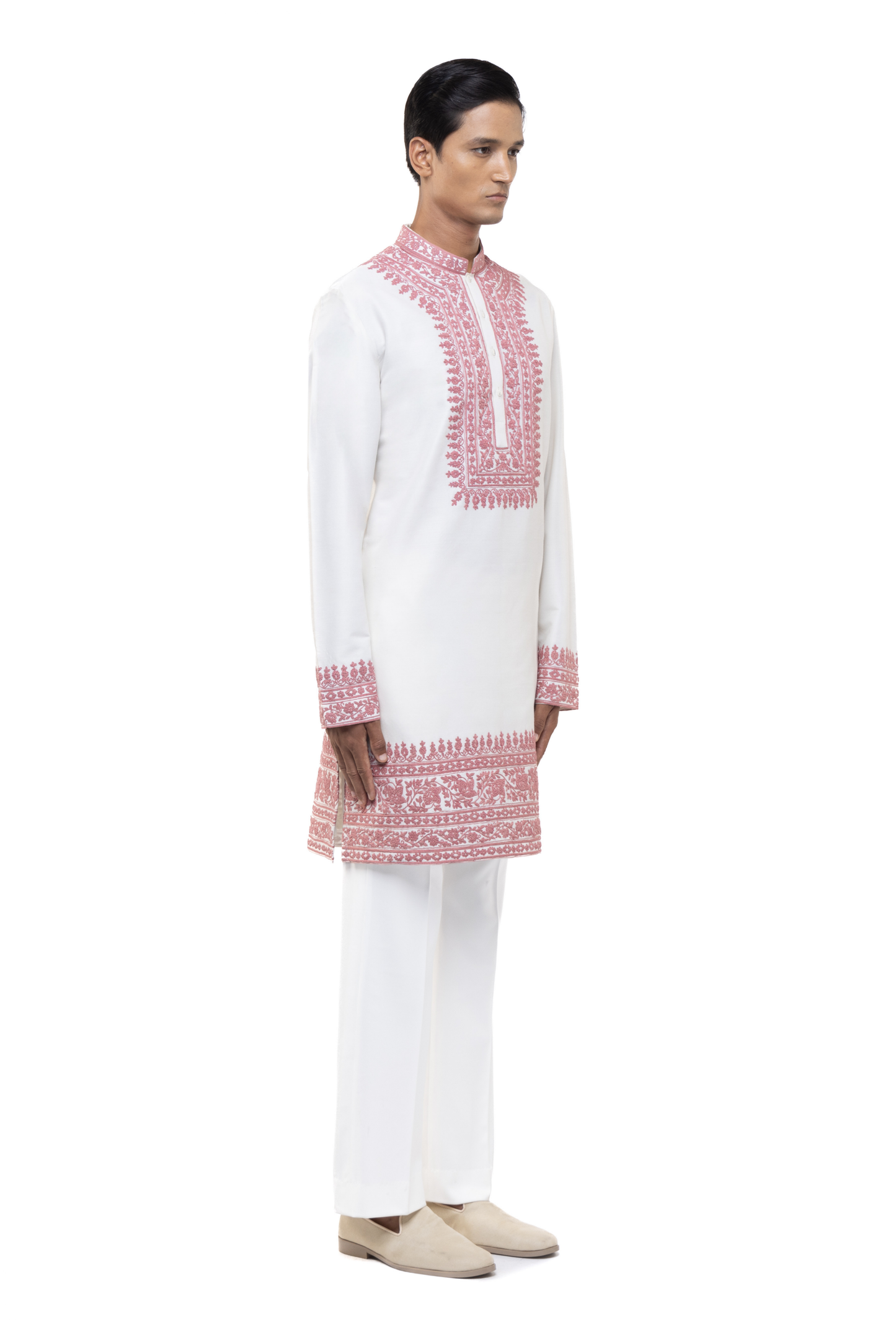 White & Pink Silk Dori Embroidery Kurta Set