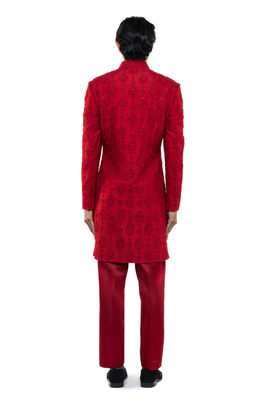 Red Silk Floral Embroidery Sherwani Set