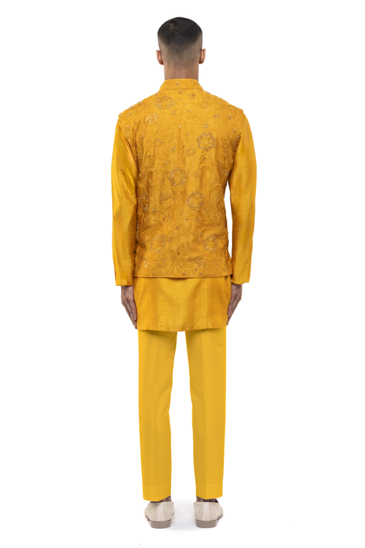 Yellow Floral Embroidery Kurta Bandi Set