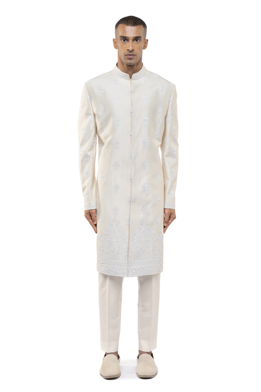 Off-White & White Silk Floral Embroidery Sherwani Set