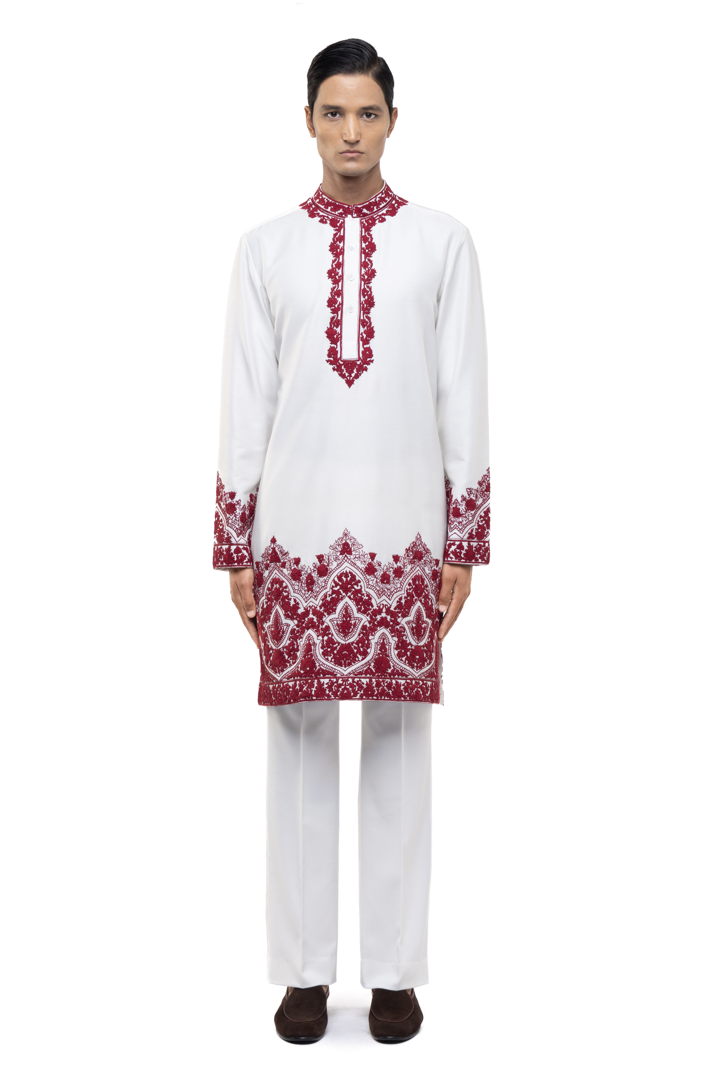 White & Red Silk Dori Embroidery Kurta Set