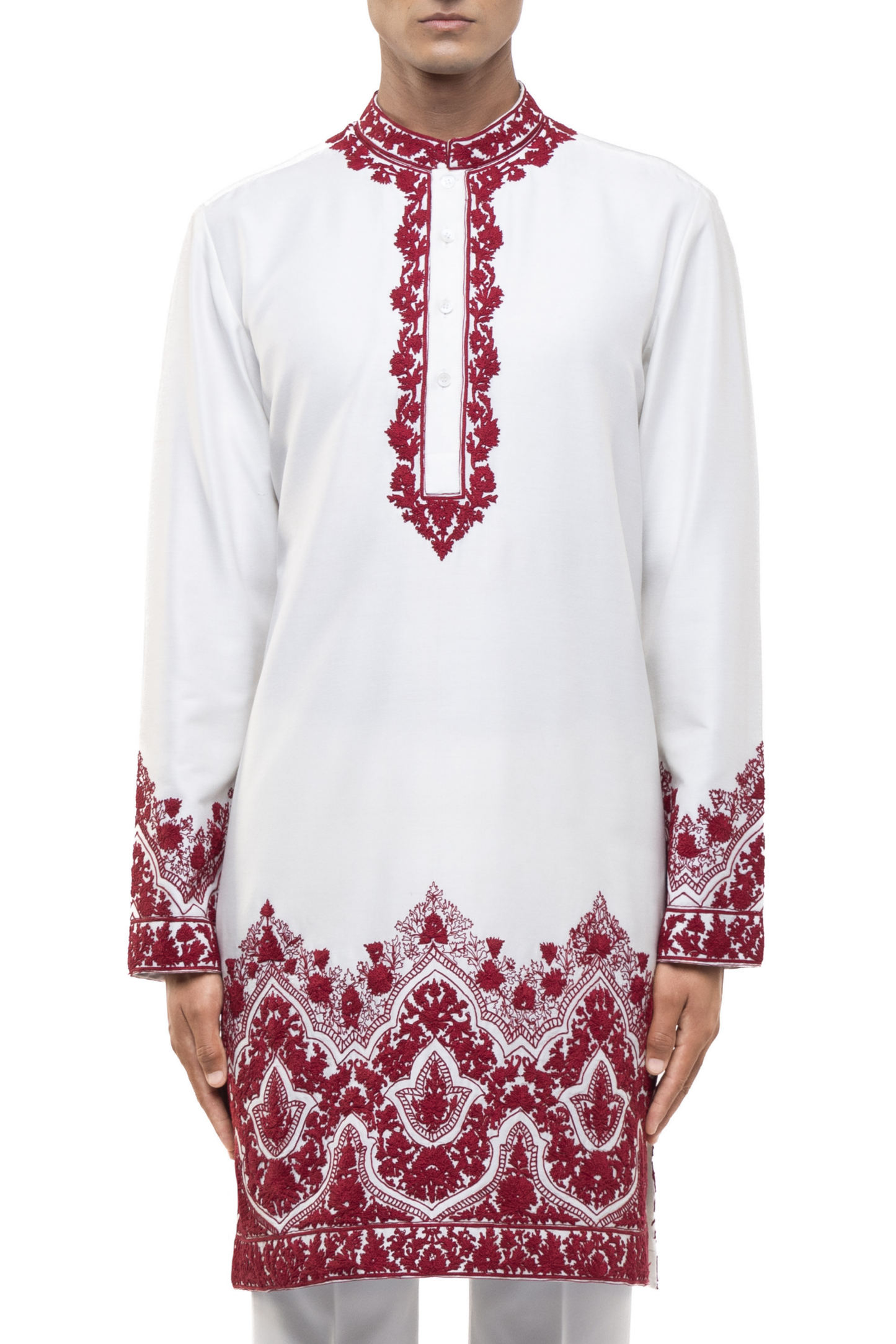 White & Red Silk Dori Embroidery Kurta Set