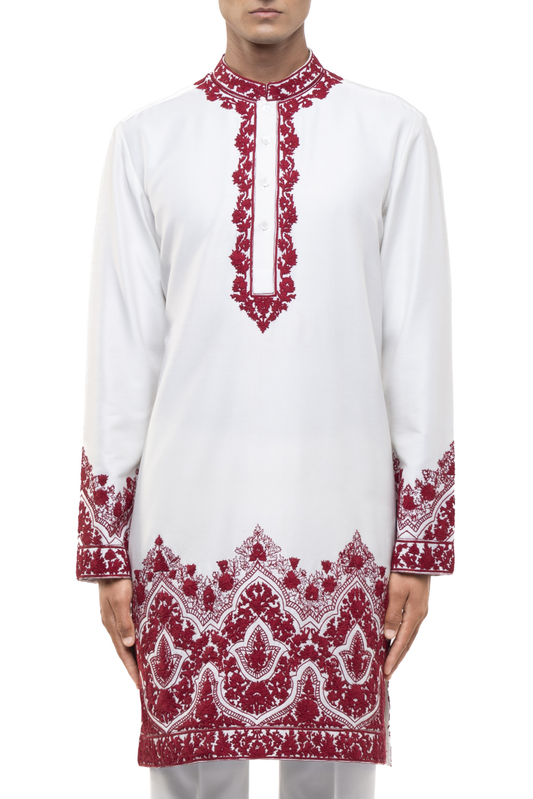 White & Red Dori Embroidery Kurta Set