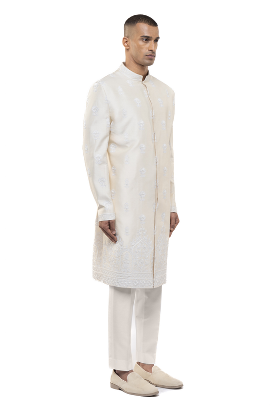 Off-White & White Silk Floral Embroidery Sherwani Set