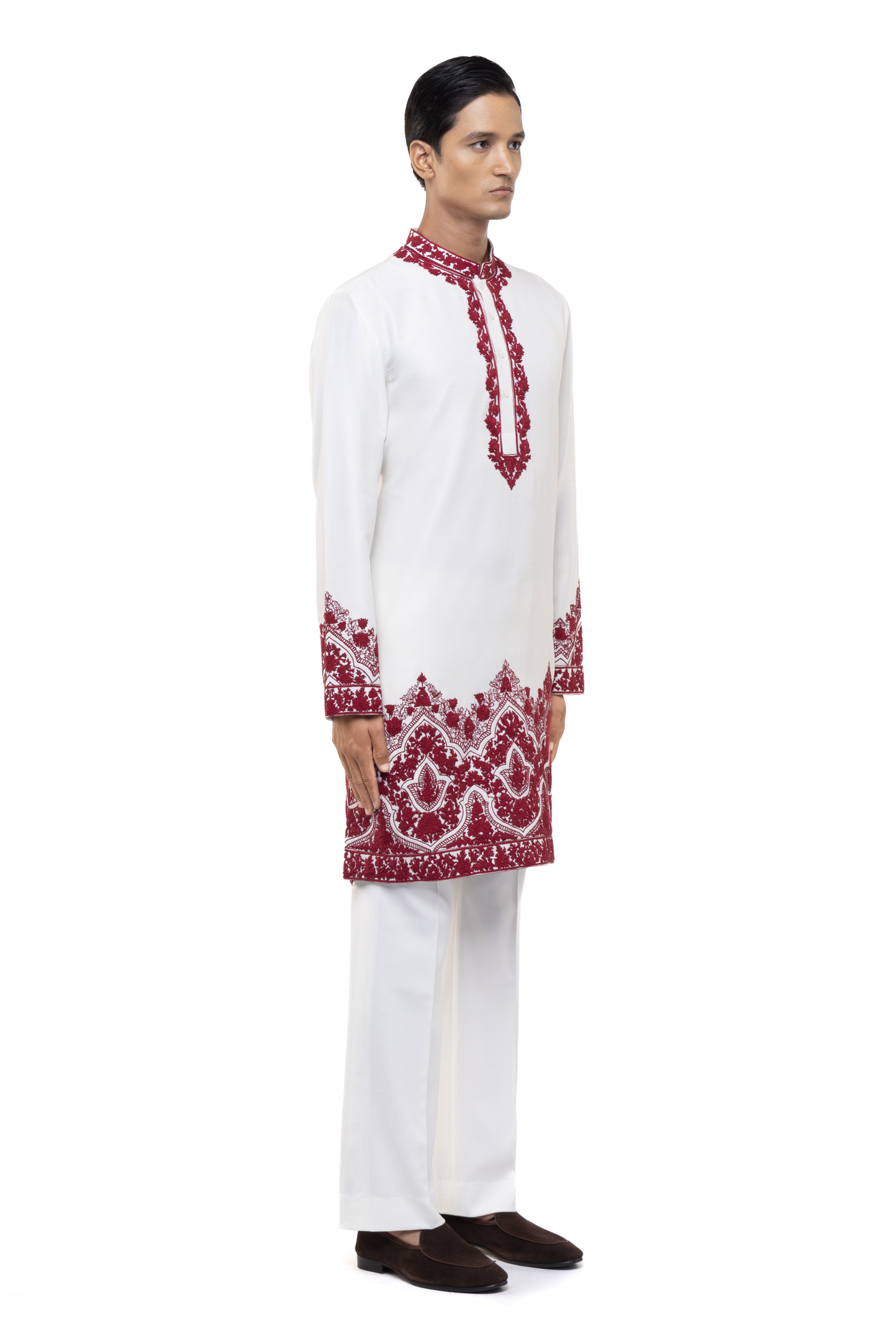 White & Red Silk Dori Embroidery Kurta Set