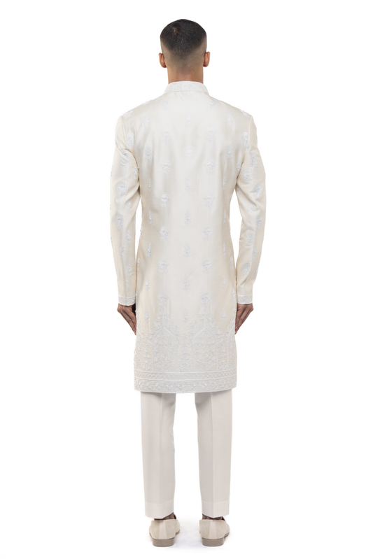 Off-White & White Silk Floral Embroidery Sherwani Set