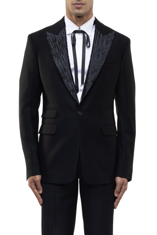 Black Peak Lapel Beaded Accent Tuxedo Set