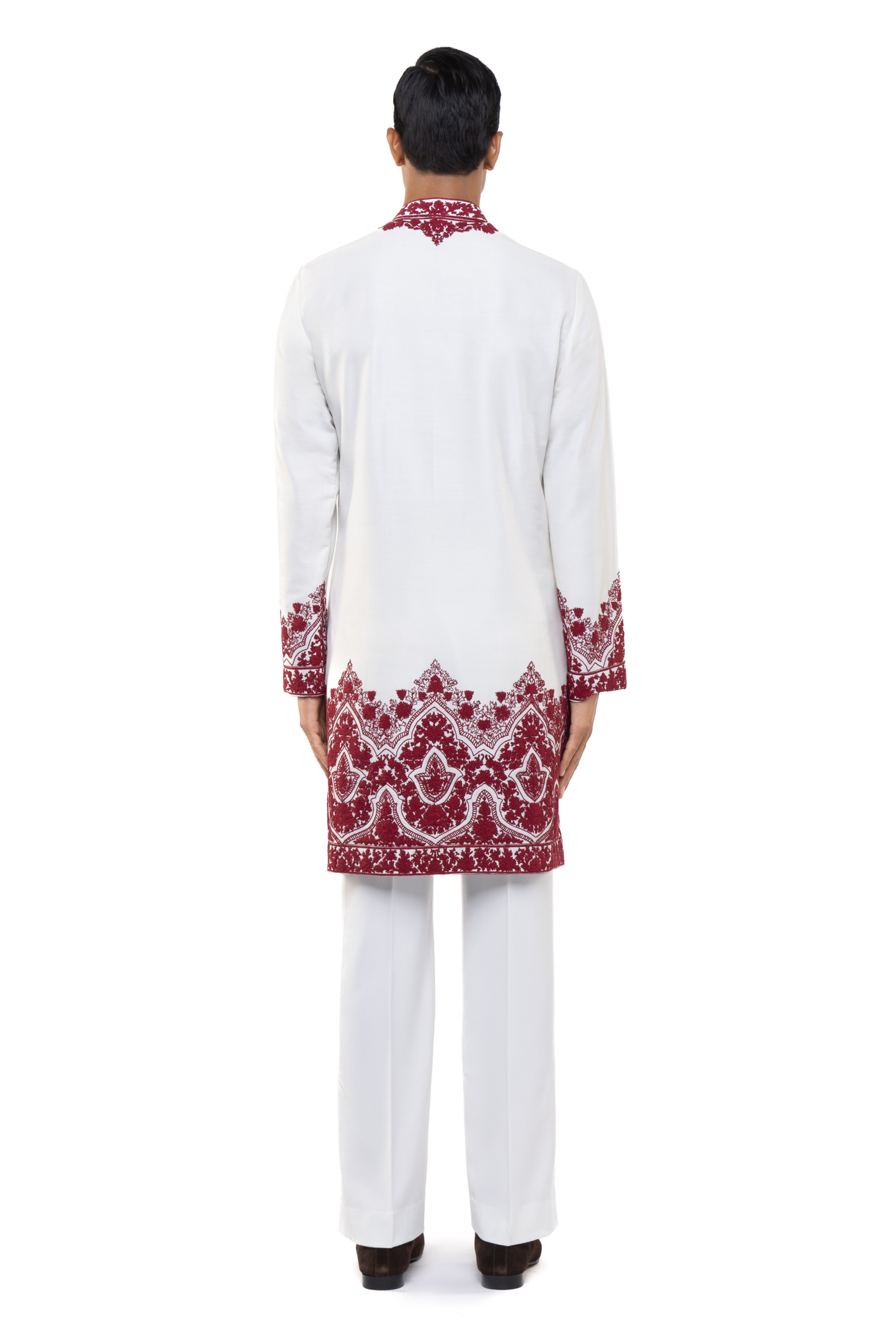 White & Red Silk Dori Embroidery Kurta Set