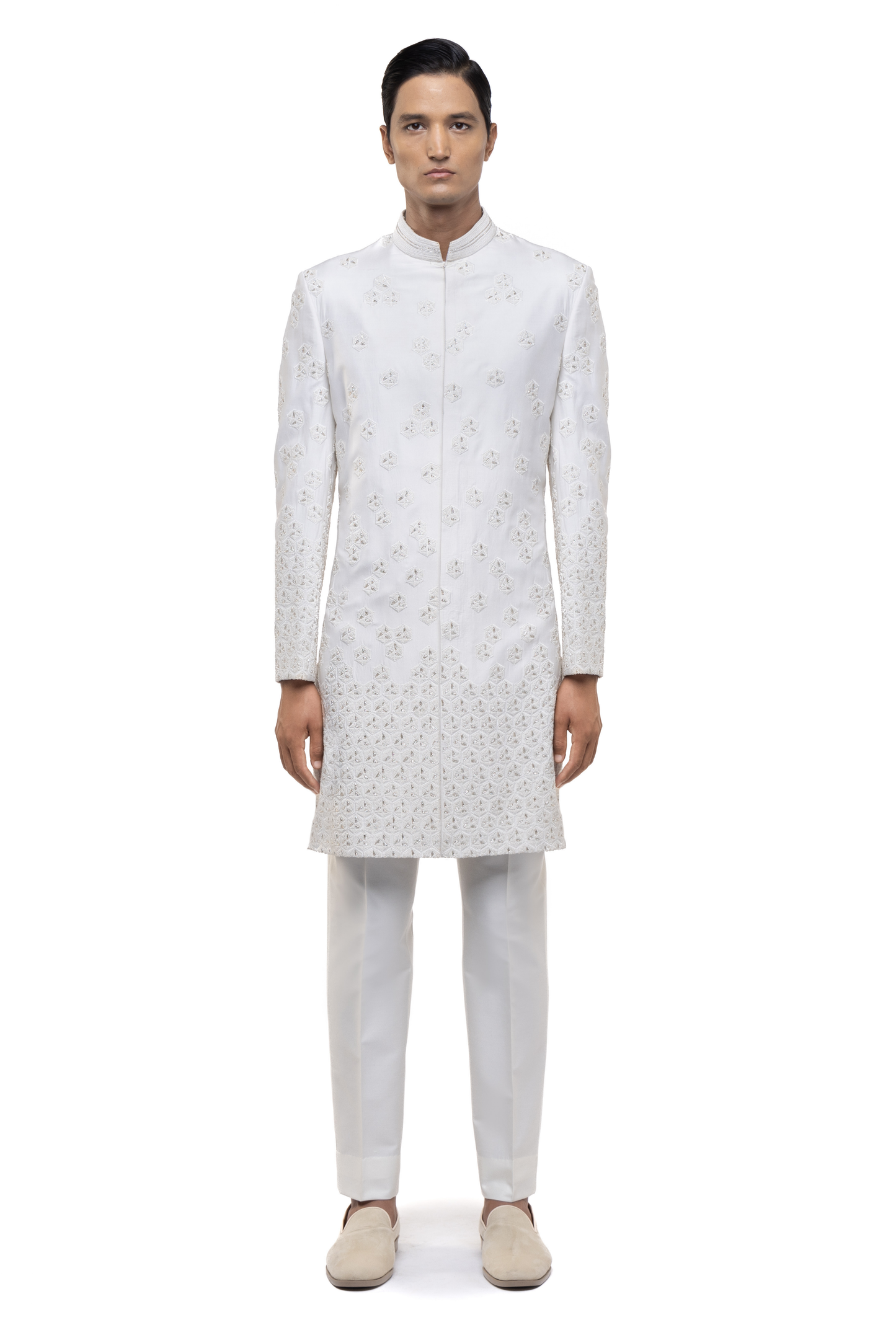 White Silk Abstract Geometrical Embroidery Sherwani Set