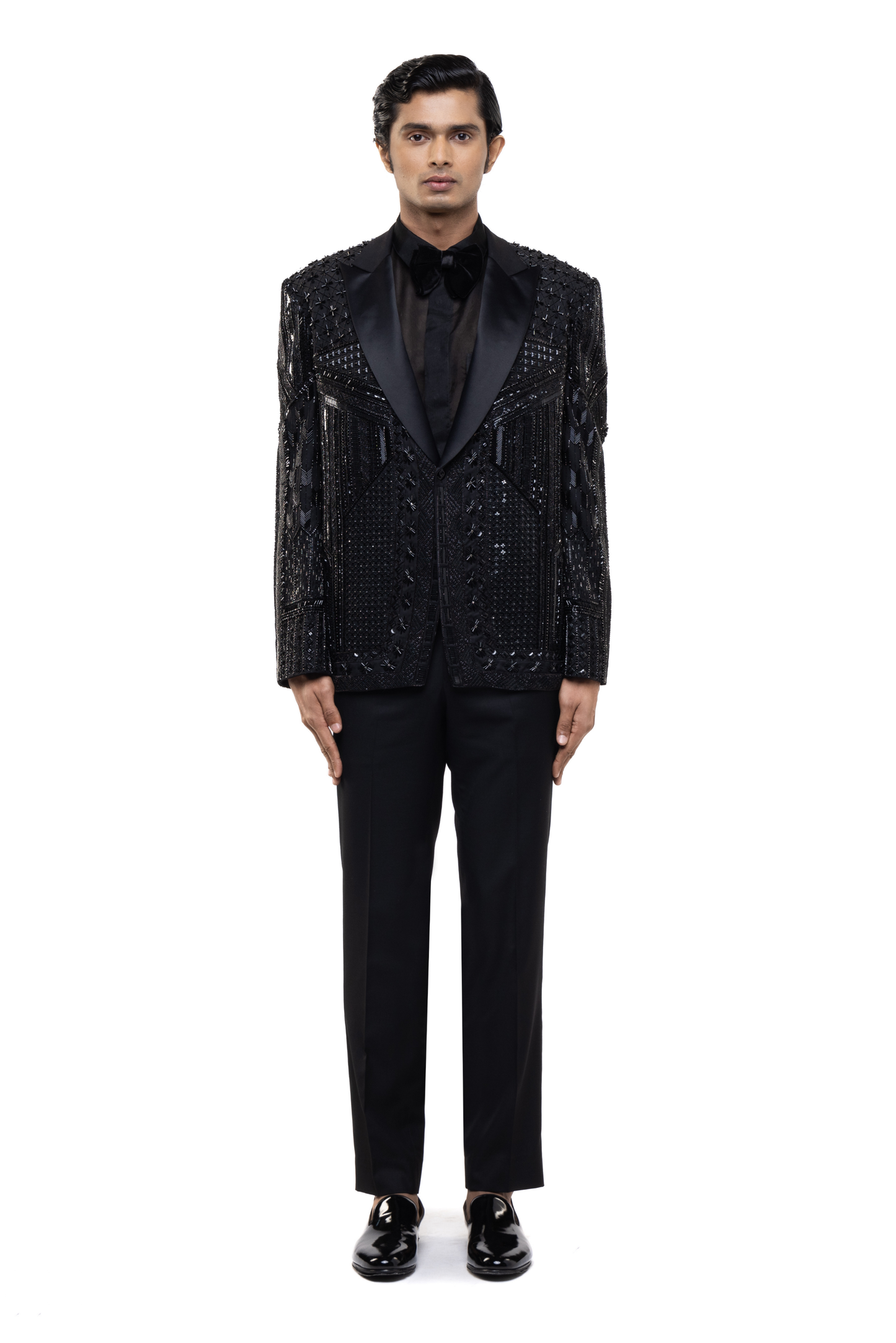 Black Silk Embroidered Art Deco Tuxedo Set
