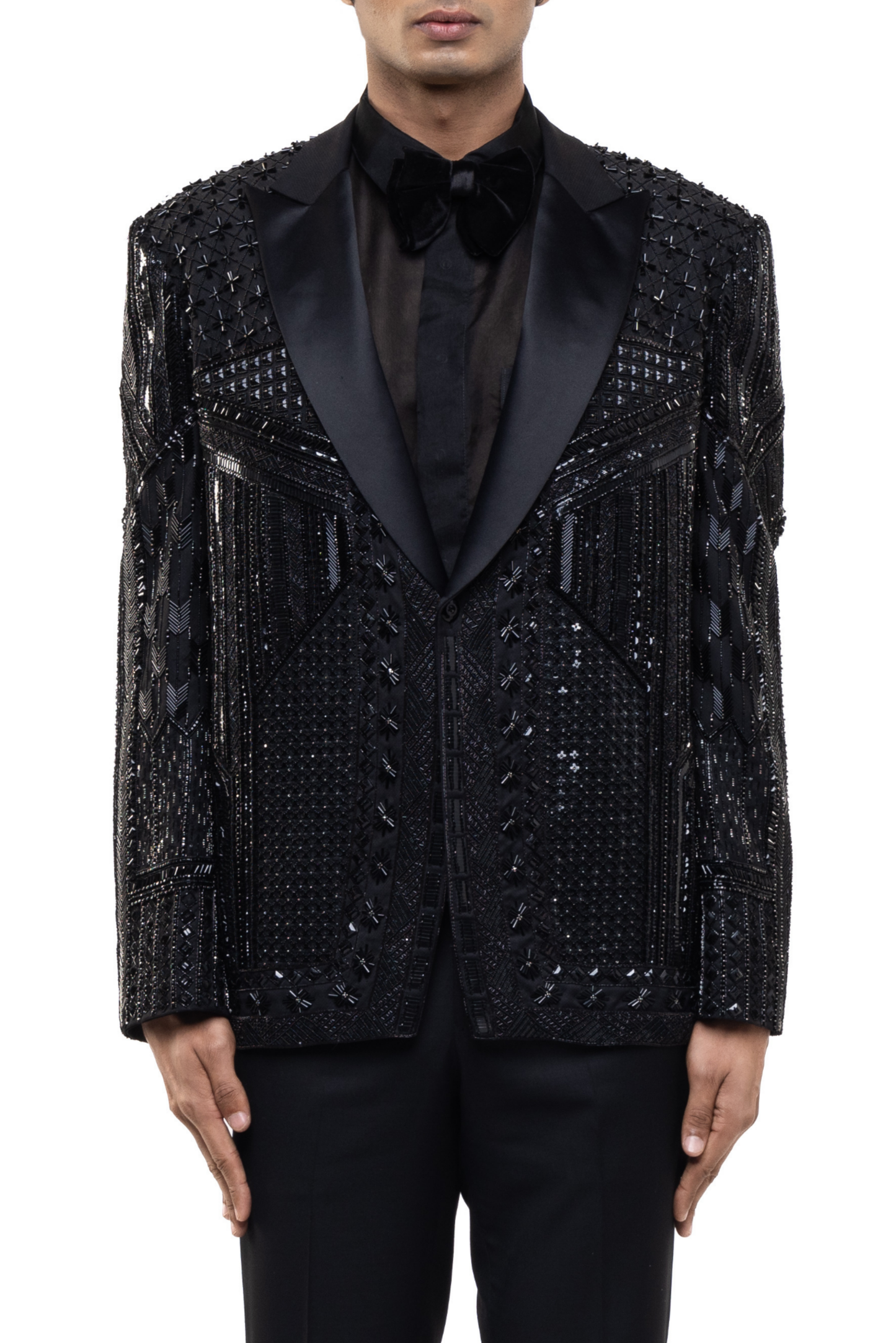 Black Silk Embroidered Art Deco Tuxedo Set