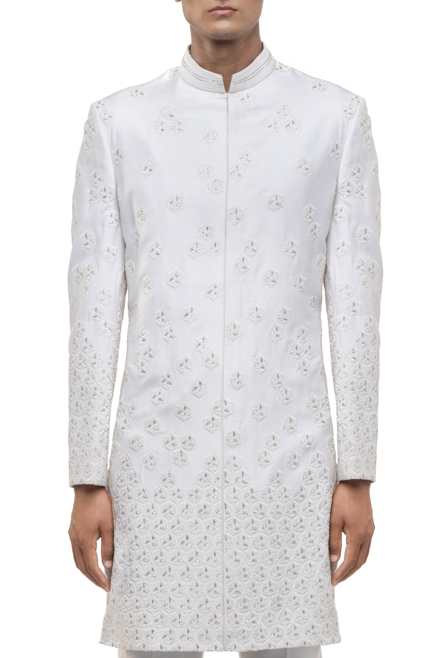 White Silk Abstract Geometrical Embroidery Sherwani Set