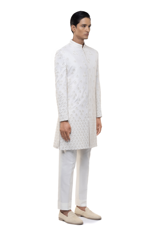 White Silk Abstract Geometrical Embroidery Sherwani Set